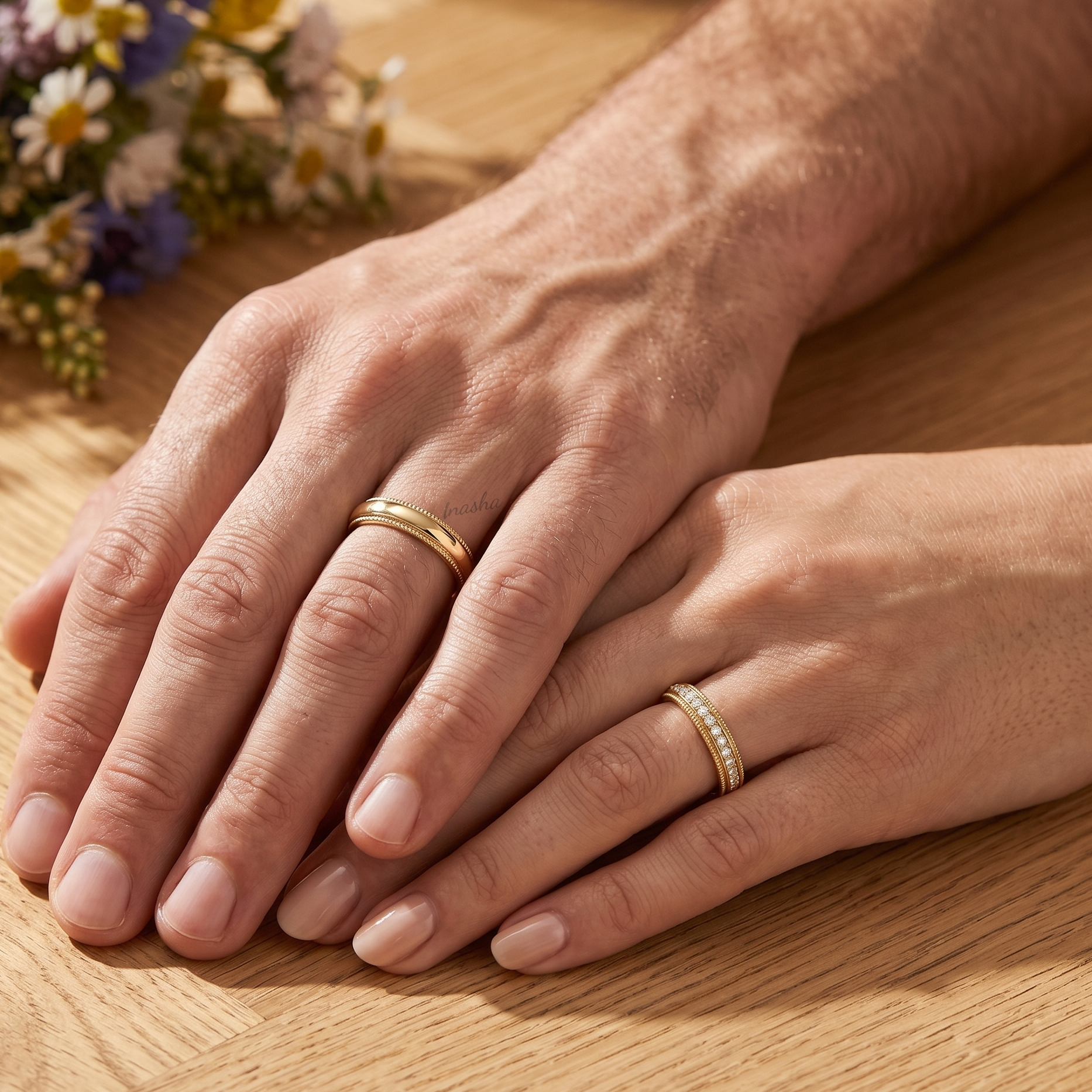 couple rings set with diamond women’s band and plain men’s band