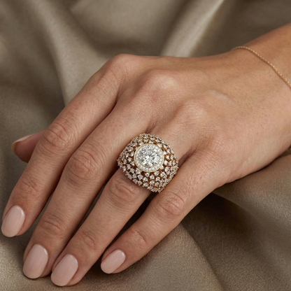 Beautiful yellow gold statement ring featuring round lab diamond