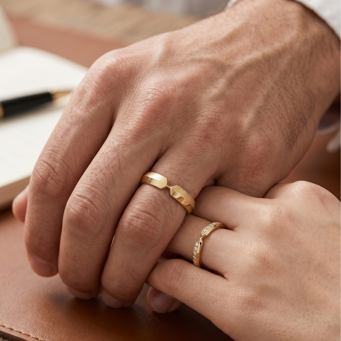  Yellow Gold Women’s Diamond Ring & Men’s Classic Plain Band
