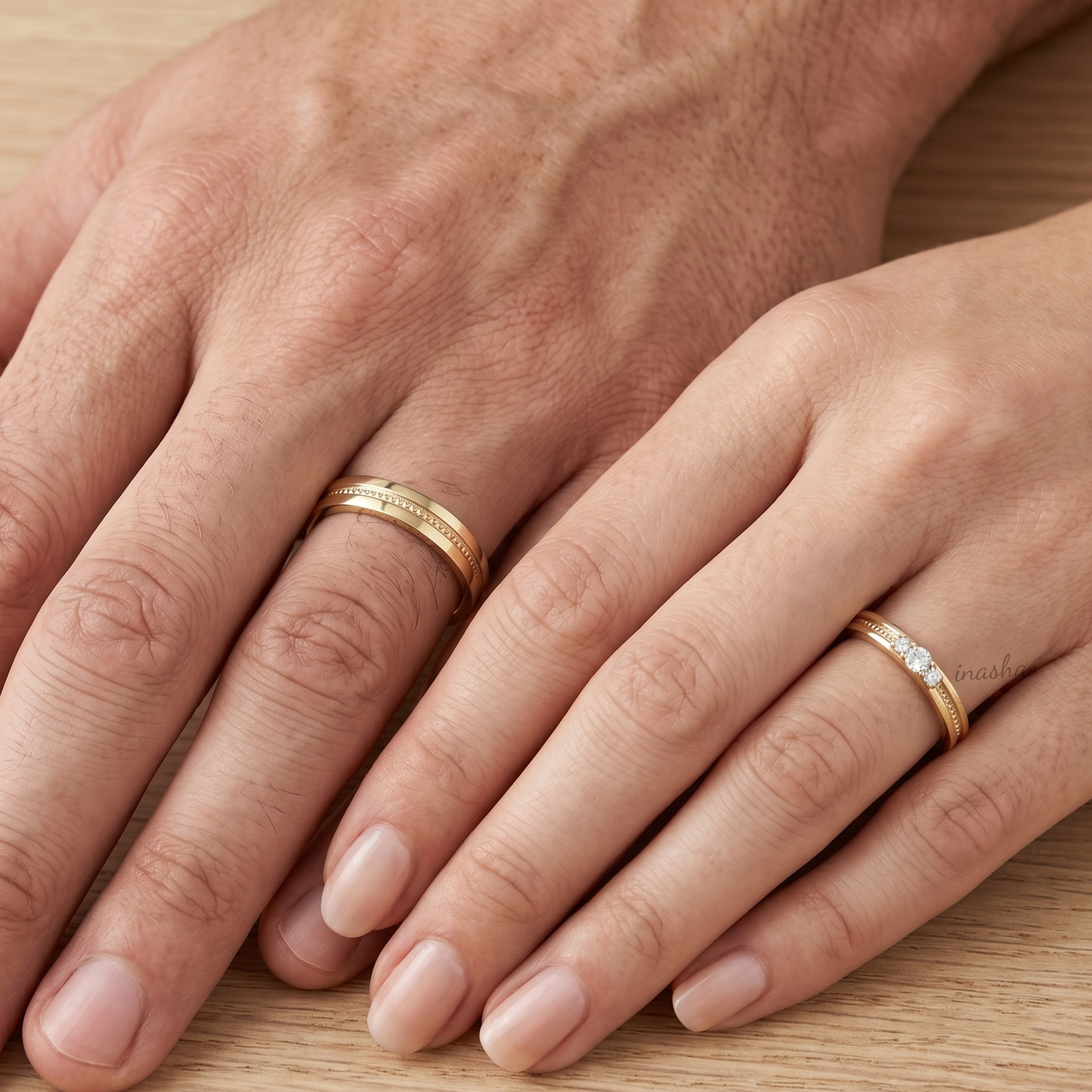 yellow gold lab grown diamond couple rings set for matching wedding