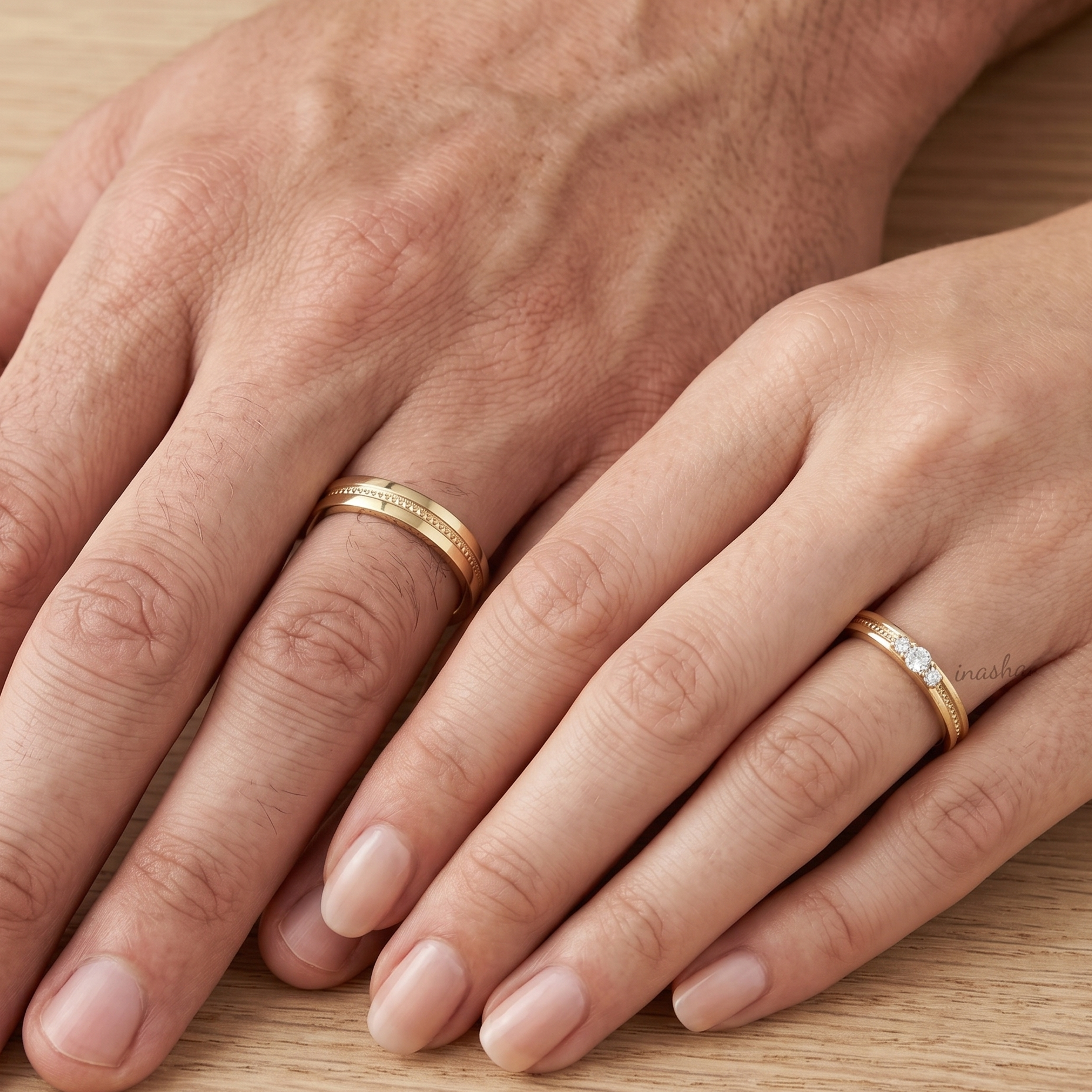 yellow gold lab grown diamond couple rings set for matching wedding