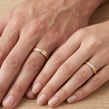 yellow gold lab grown diamond couple rings set for matching wedding