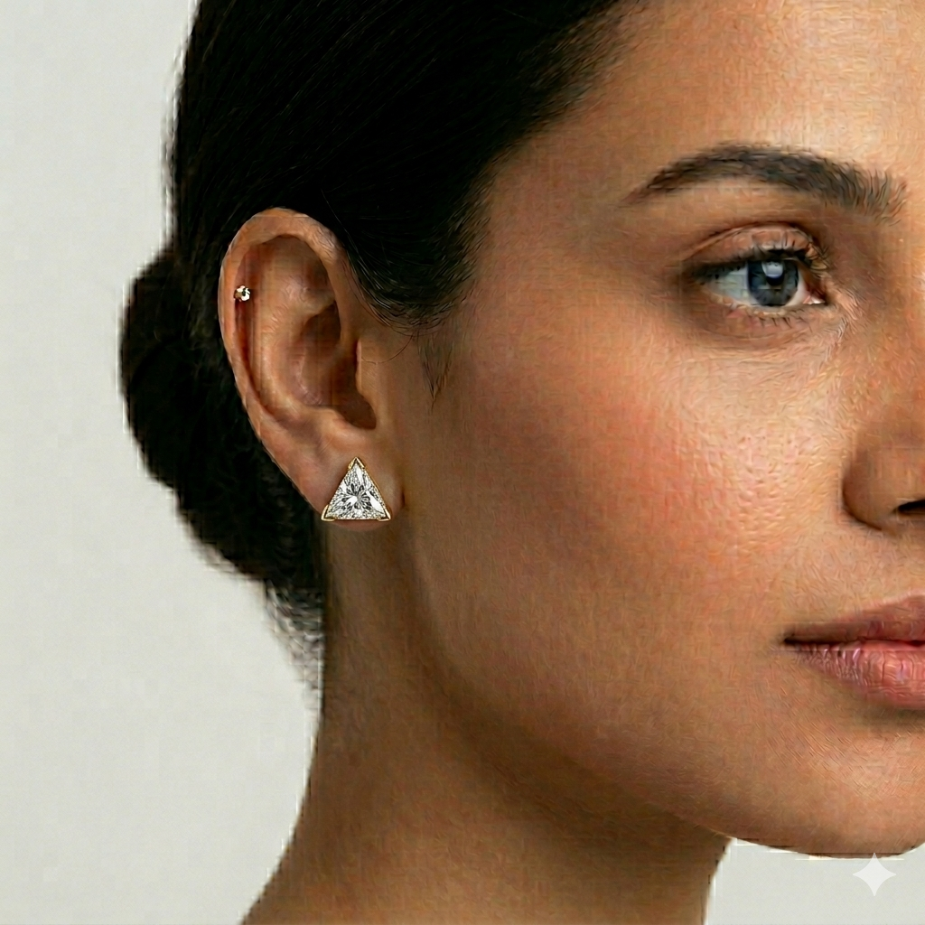 Certified 1.30 ct total triangle-cut lab-grown diamond earrings (0.65 ct each), available in 9K, 14K, 18K yellow, rose, and white gold, and 950 platinum—ethical modern luxury diamond stud earrings.