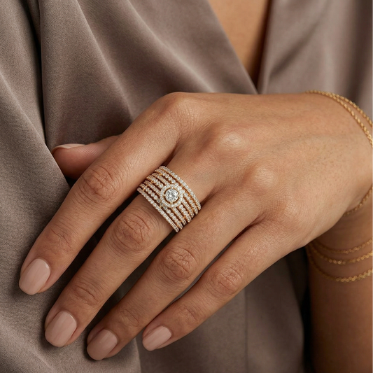 Beautiful yellow gold statement ring featuring a round lab diamond