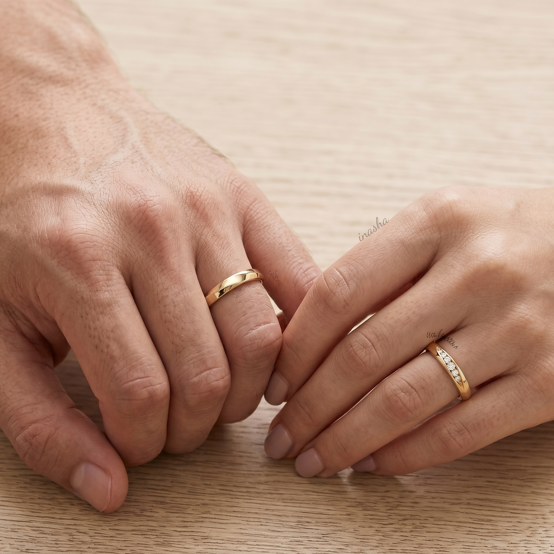 Yellow Gold Women’s Diamond Ring & Men’s Plain Band