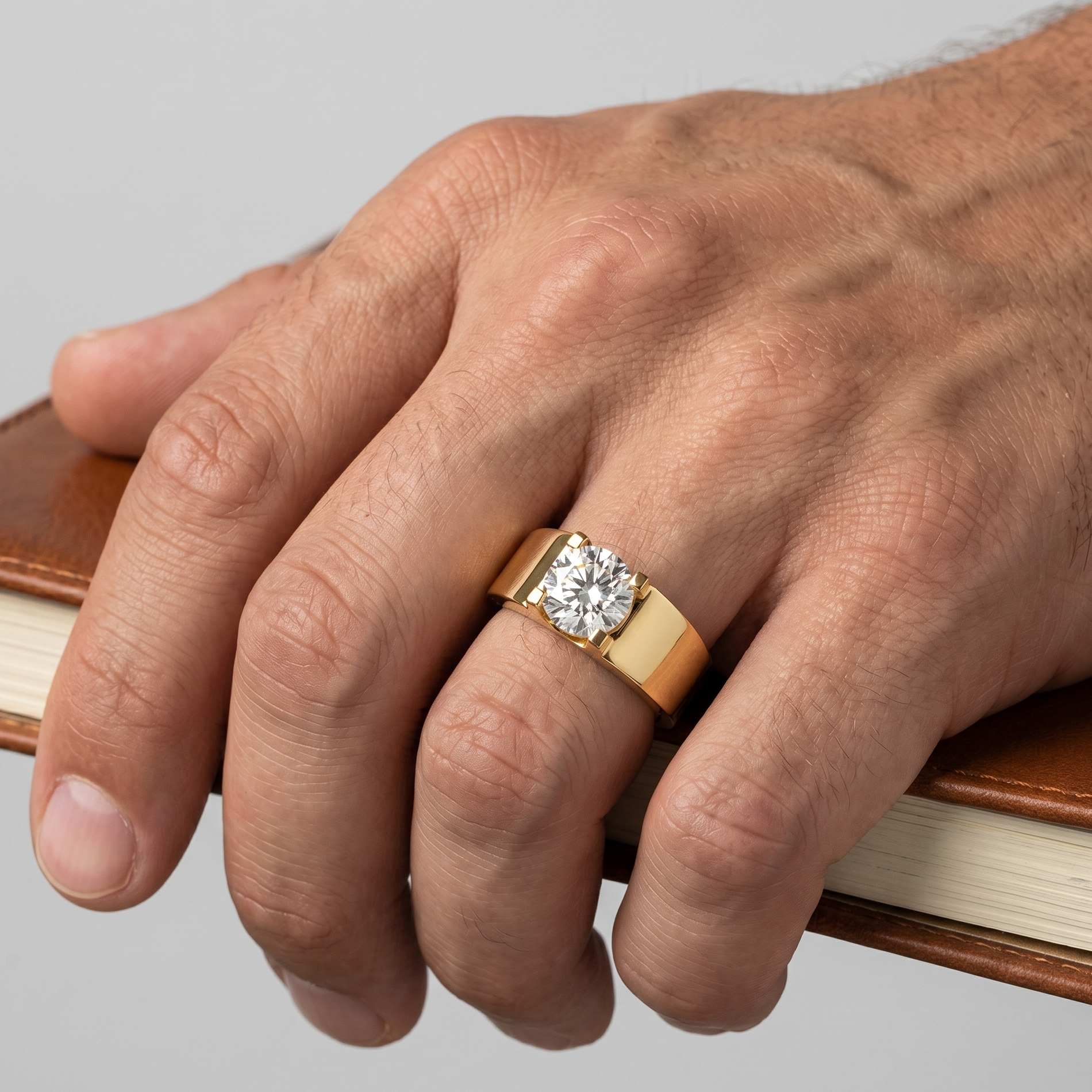 Yellow Gold Men’s Statement Band With Certified Round Solitaire