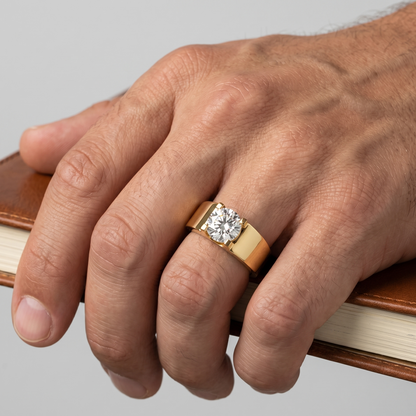 Yellow Gold Men’s Statement Band With Certified Round Solitaire