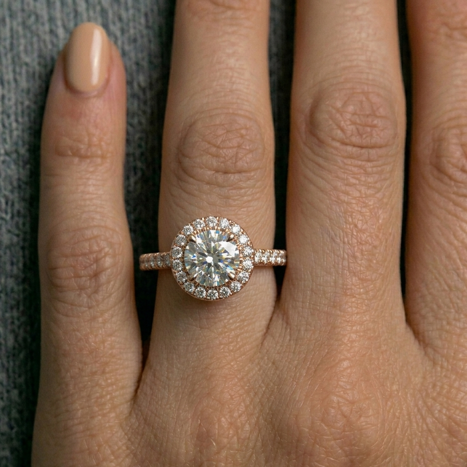 Rose Gold Halo Ring Featuring An Igi Certified Round Lab Diamond