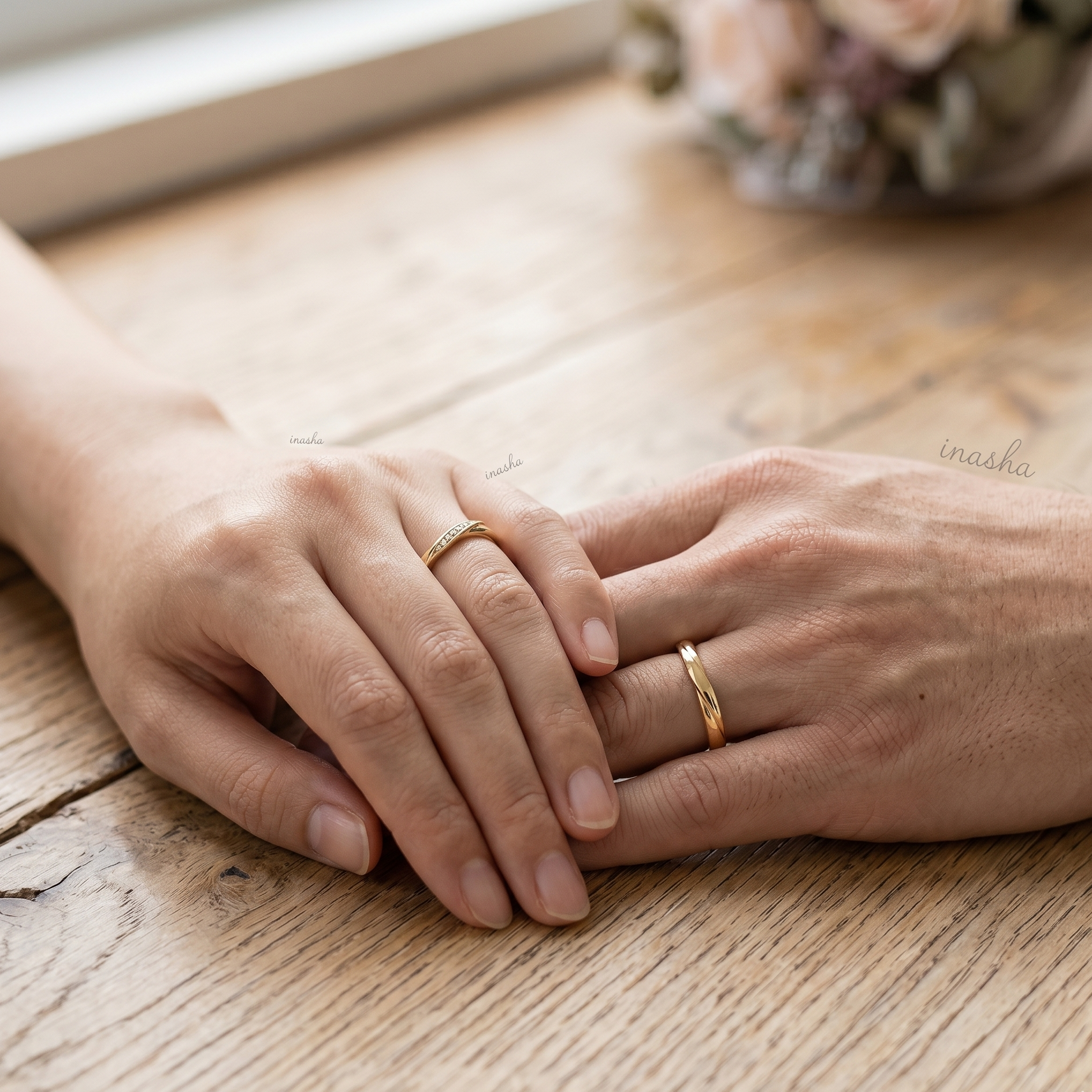 Yellow Gold Women’s Lab-Grown Diamond Ring with Men’s Plain Band