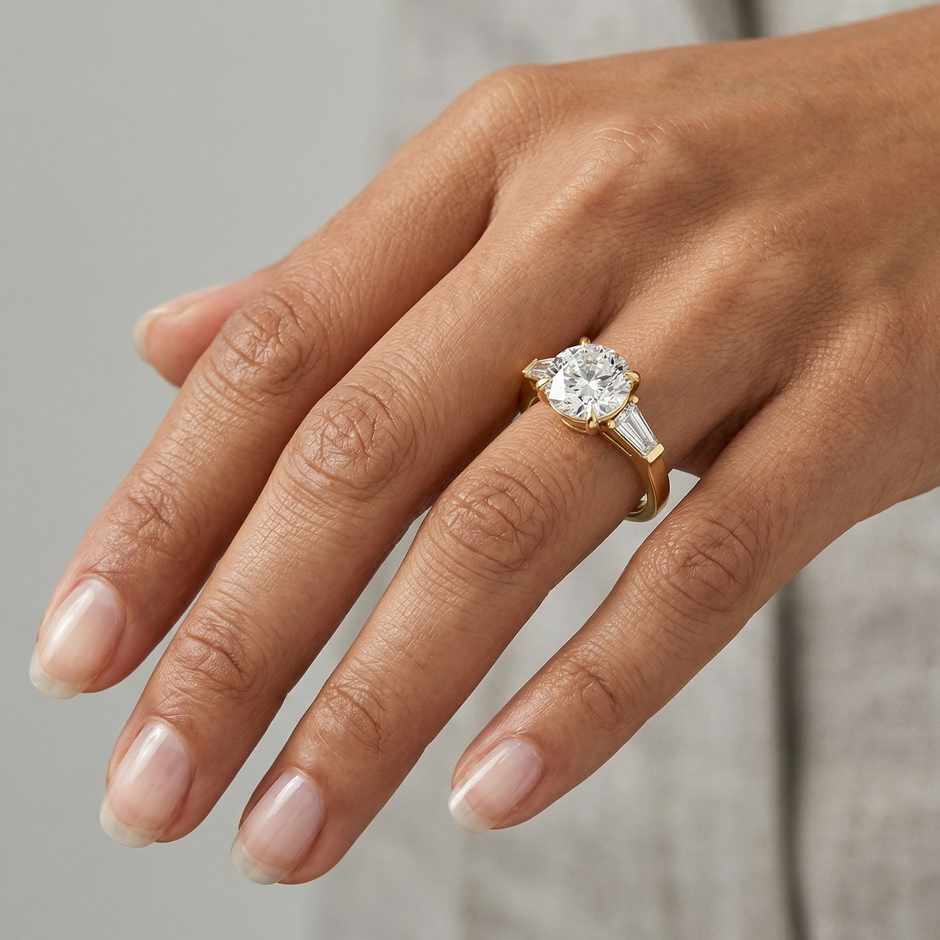 Blush Yellow Gold Ring With Hallmarked Round And Baguette Lab Diamond Detail