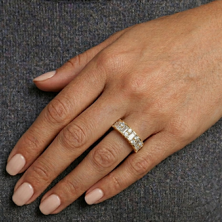 Beautiful Yellow Gold Diamond Band With Round And Baguette Cut