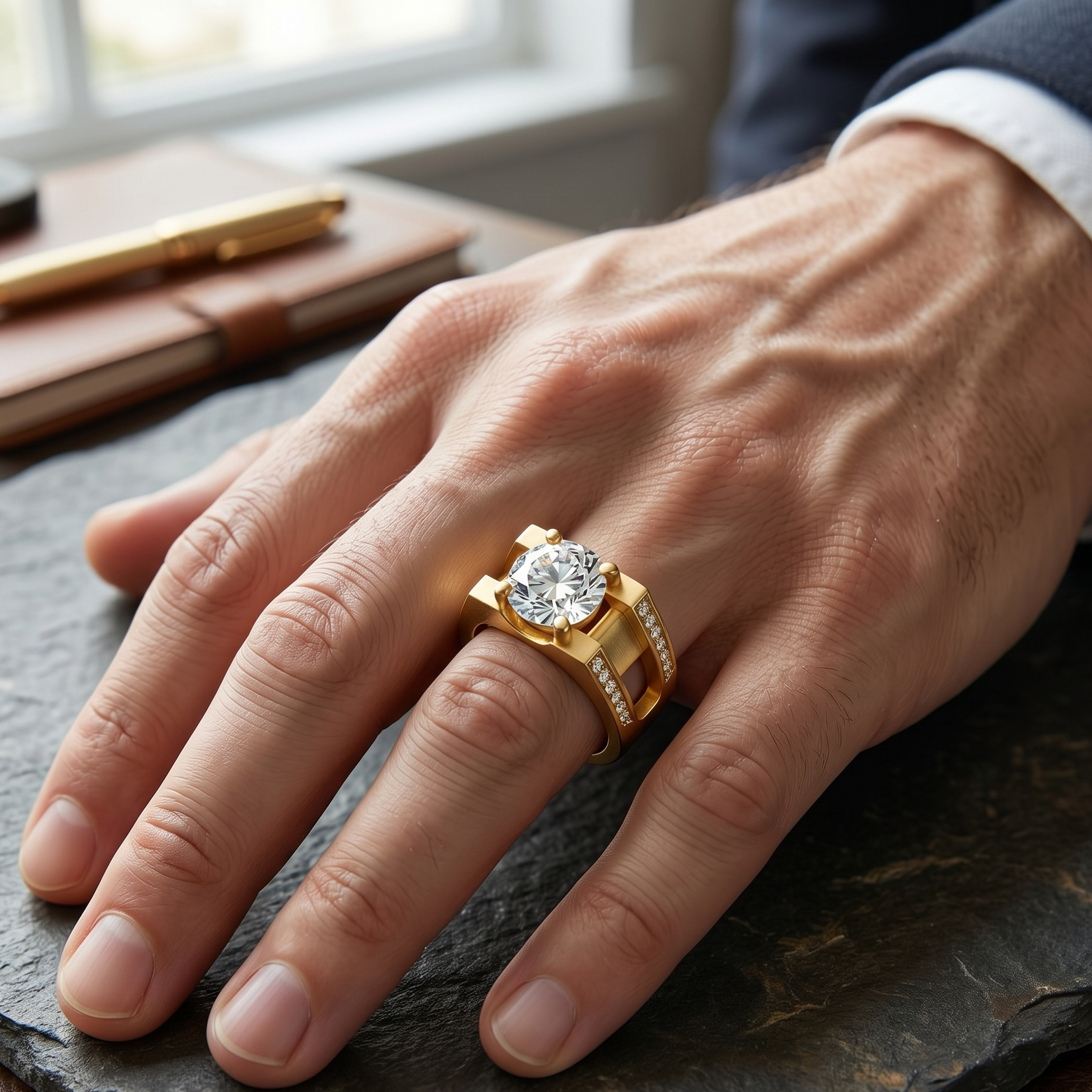 Yellow Gold Men’s Statement Band With Certified Ring