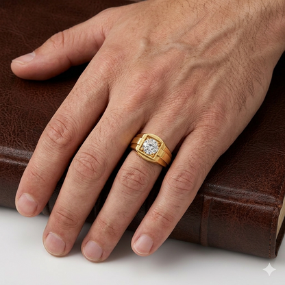 Yellow Gold Men’s Engagement Ring Featuring Round Lab Diamond