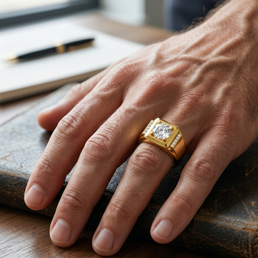 Yellow Gold Men’s Statement Band With IGI Certified Round Solitaire