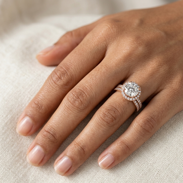 Rose Gold Round Lab Grown Diamond Halo Ring Set Luxury Style