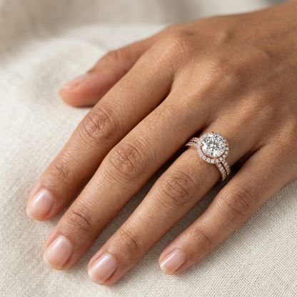 Rose Gold Round Lab Grown Diamond Halo Ring Set Luxury Style