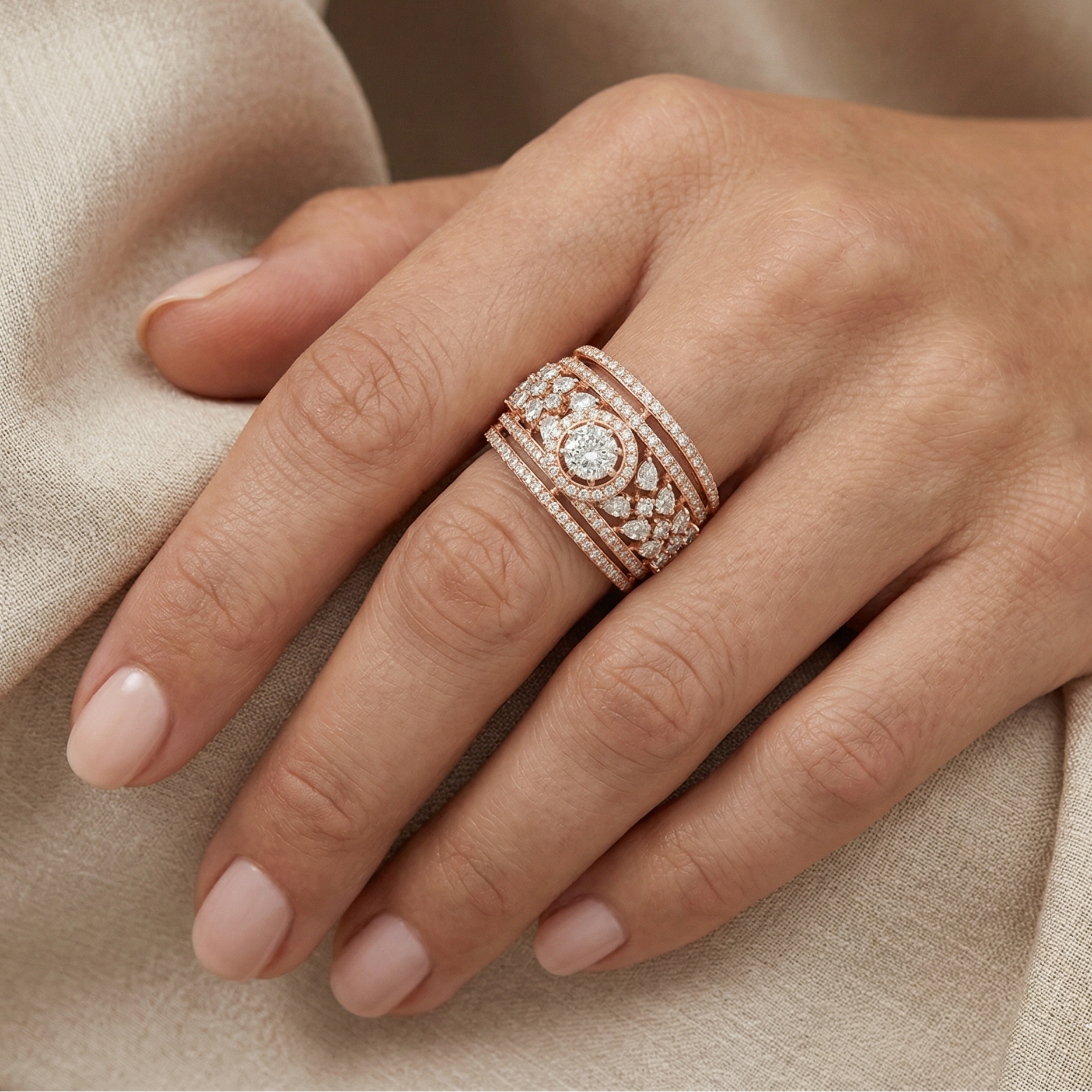 Beautifull Rose Gold Cocktail Ring With Round Lab-Grown Diamonds
