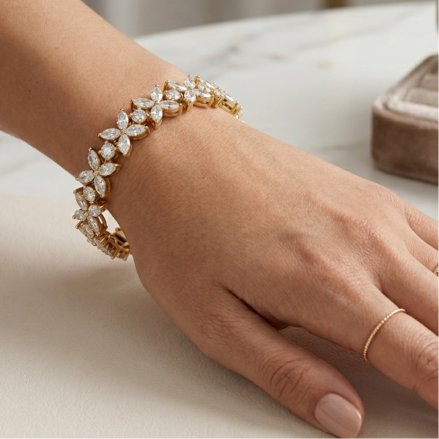 Yellow Gold Marquise & Round Cut Lab-Grown Diamond Bracelet 