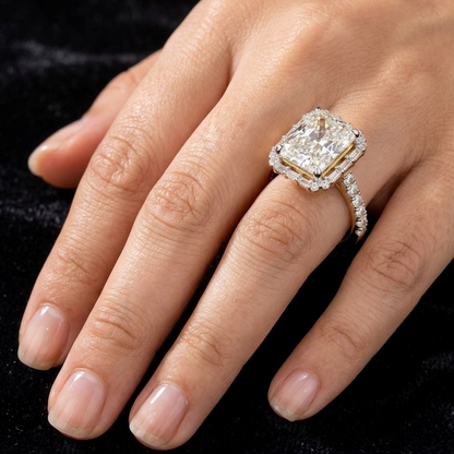 18K Yellow gold lab grown diamond halo ring radiant round baguette