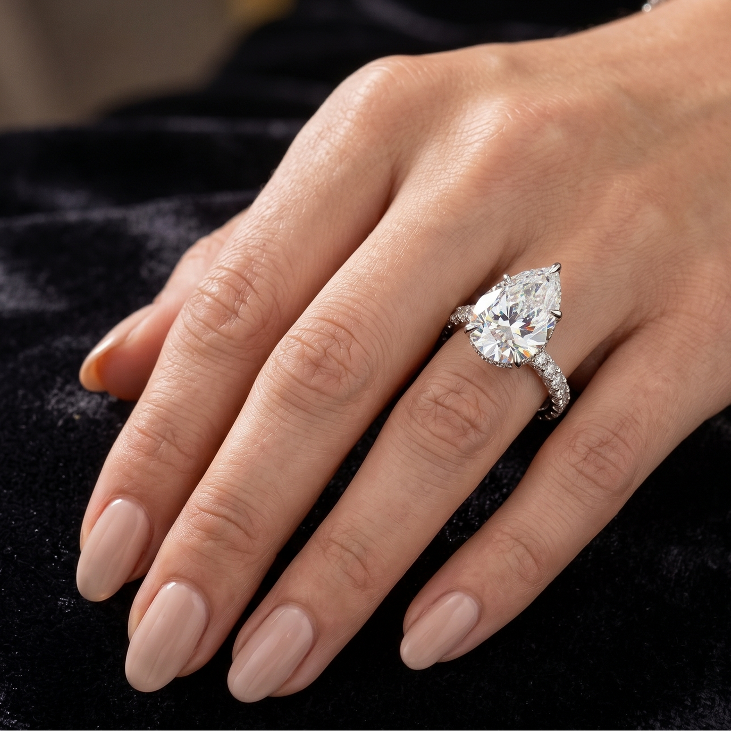 pear cut lab grown diamond hidden halo ring in White Gold
