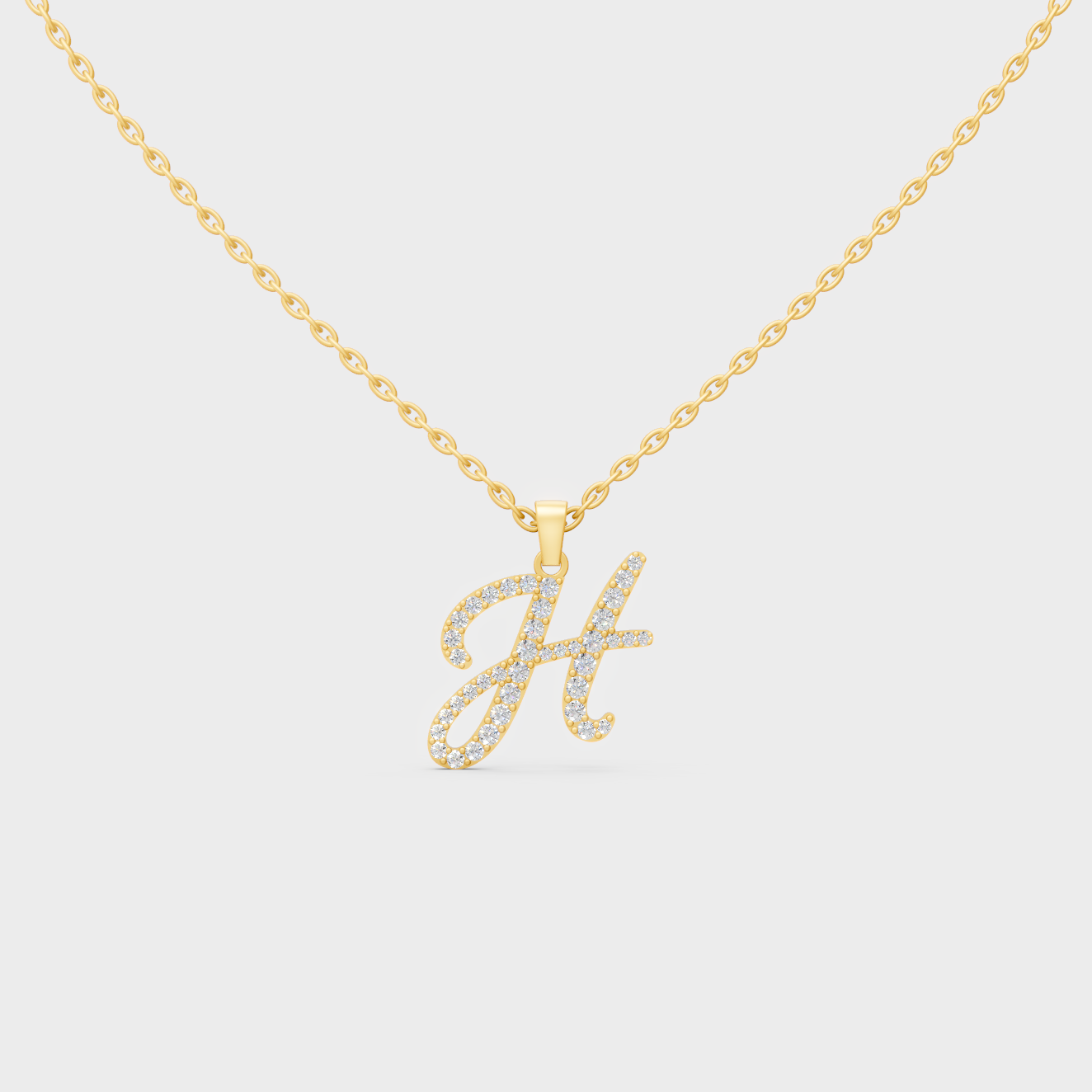 Front View of "H" Alphabet Lab Grown Diamond Pendant with Matching Yellow Gold Chain