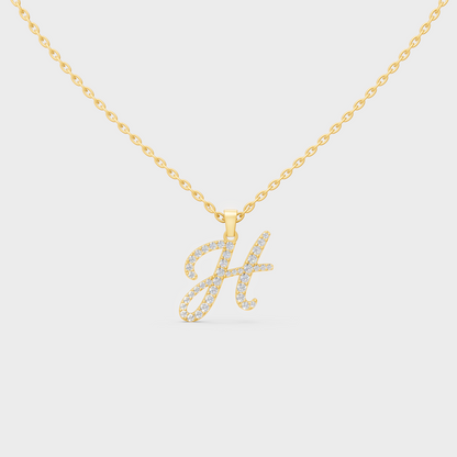 Front View of "H" Alphabet Lab Grown Diamond Pendant with Matching Yellow Gold Chain