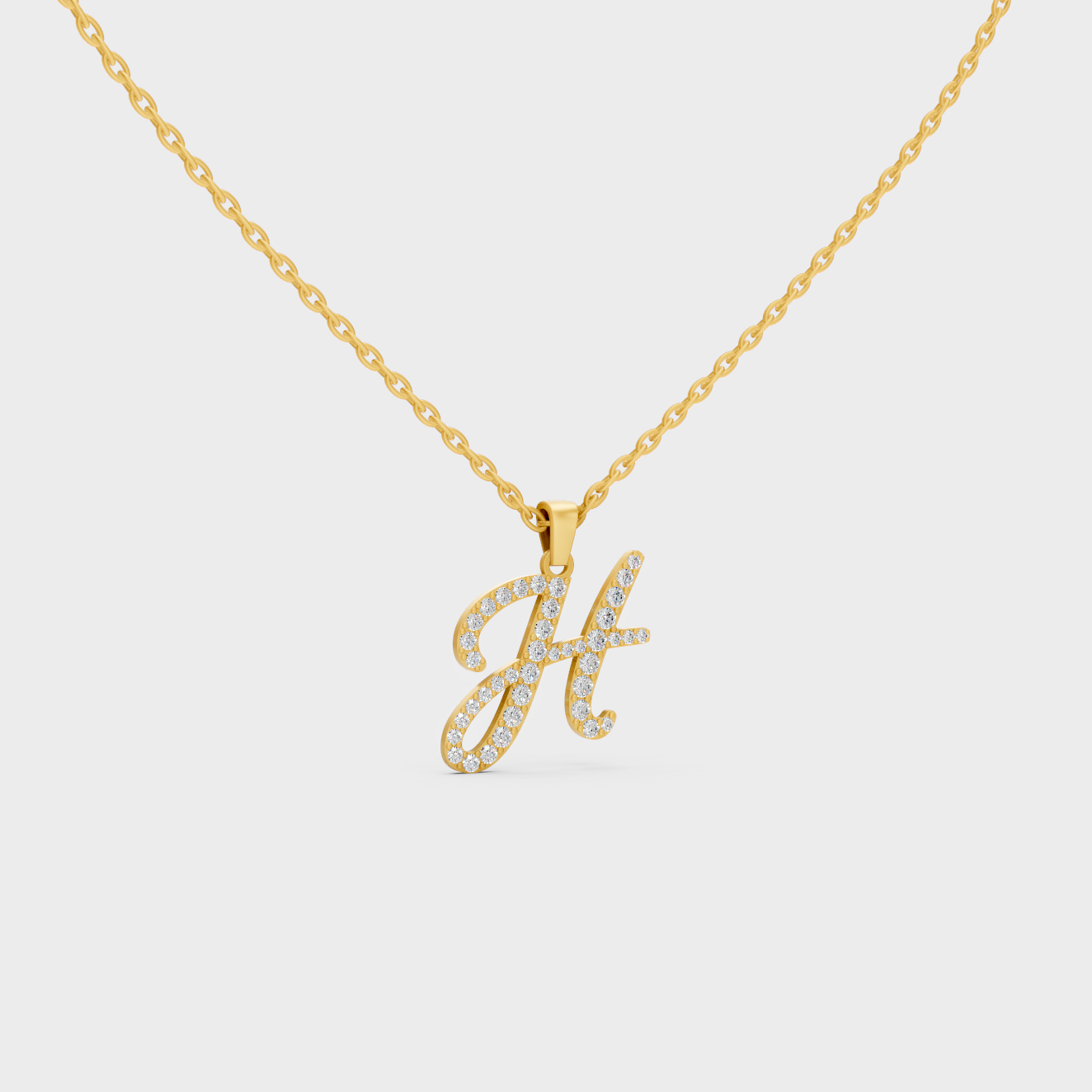 Close Up of Initial Letter H Sustainable Diamond Pendant and 18K Yellow Gold Chain