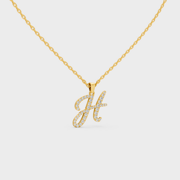 Close Up of Initial Letter H Sustainable Diamond Pendant and 18K Yellow Gold Chain