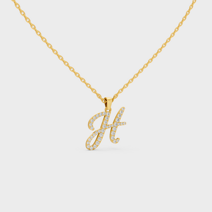 Close Up of Initial Letter H Sustainable Diamond Pendant and 18K Yellow Gold Chain