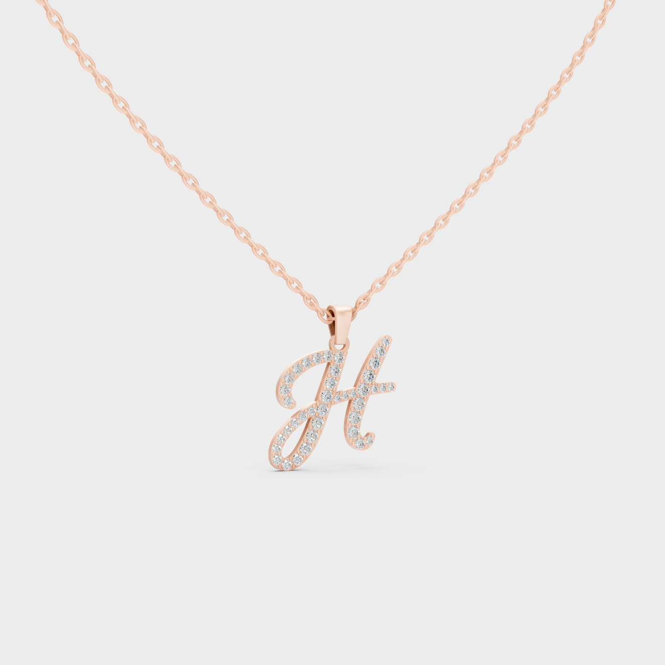 Blush Pink 14K Rose Gold Letter H Initial Necklace Set with Brilliant Round Lab Diamonds