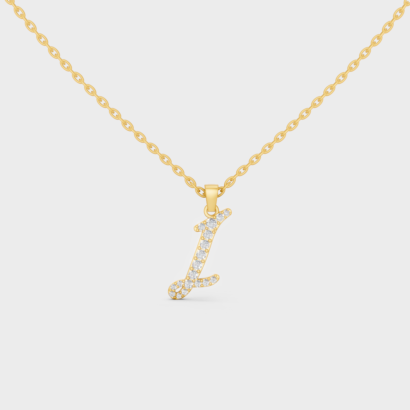 Front View of "I" Alphabet Lab Grown Diamond Pendant with Matching Yellow Gold Chain