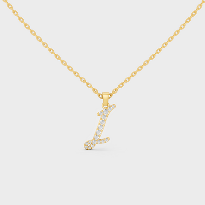 Front View of "I" Alphabet Lab Grown Diamond Pendant with Matching Yellow Gold Chain