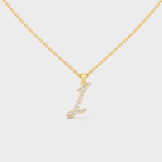 Front View of "I" Alphabet Lab Grown Diamond Pendant with Matching Yellow Gold Chain