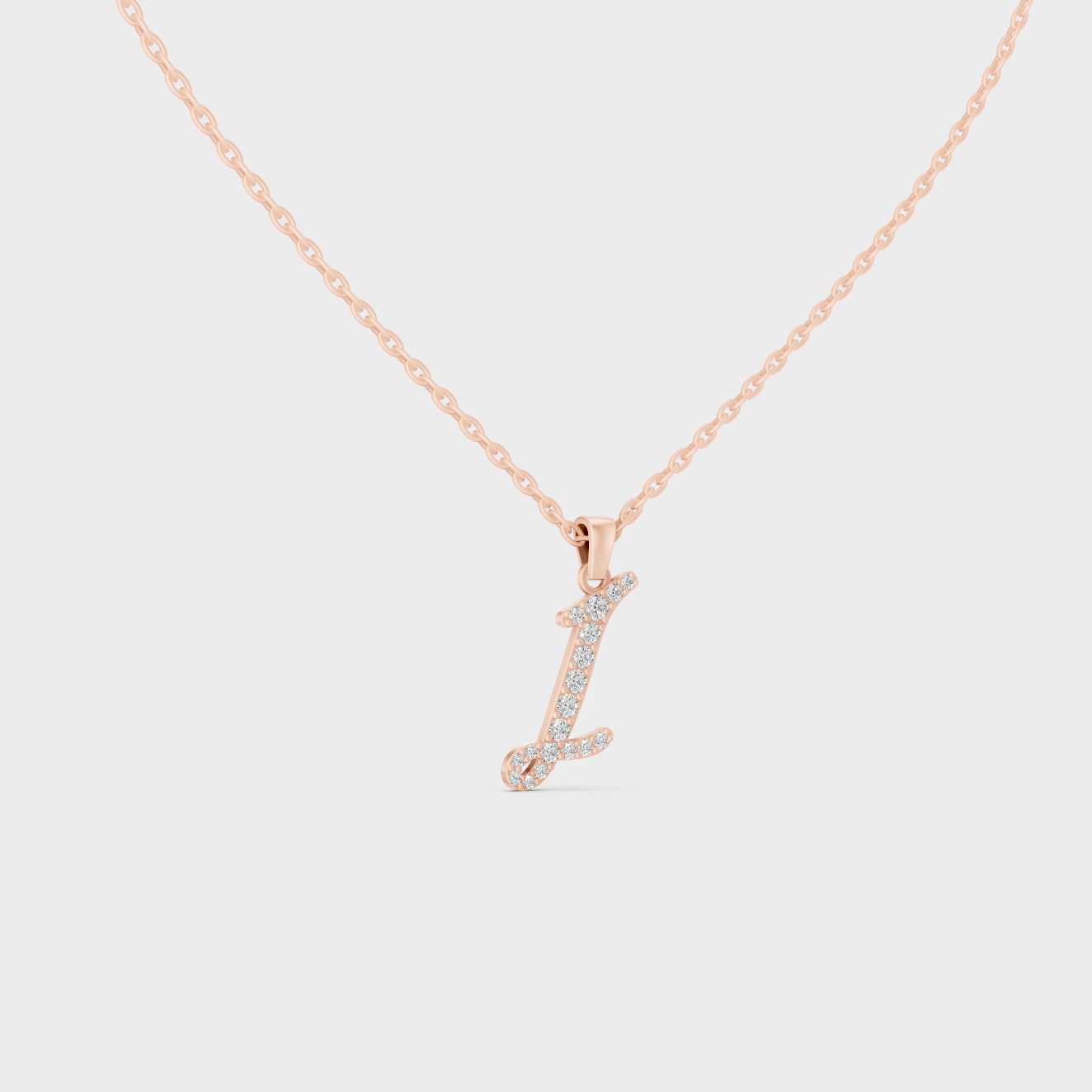 Blush Pink 14K Rose Gold Letter I Initial Necklace Set with Brilliant Round Lab Diamonds