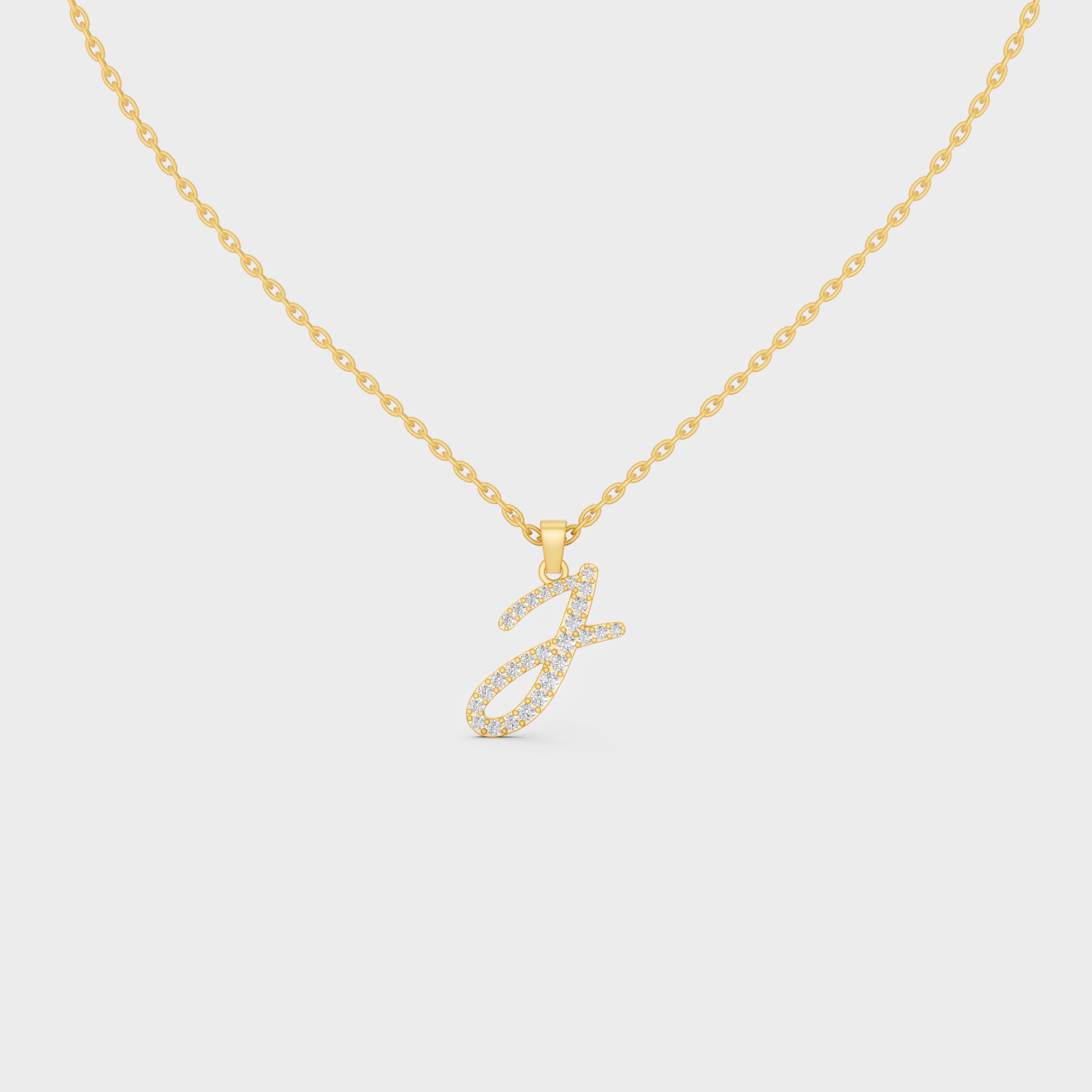 Front View of "J" Alphabet Lab Grown Diamond Pendant with Matching Yellow Gold Chain