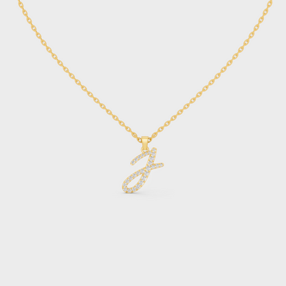 Front View of "J" Alphabet Lab Grown Diamond Pendant with Matching Yellow Gold Chain