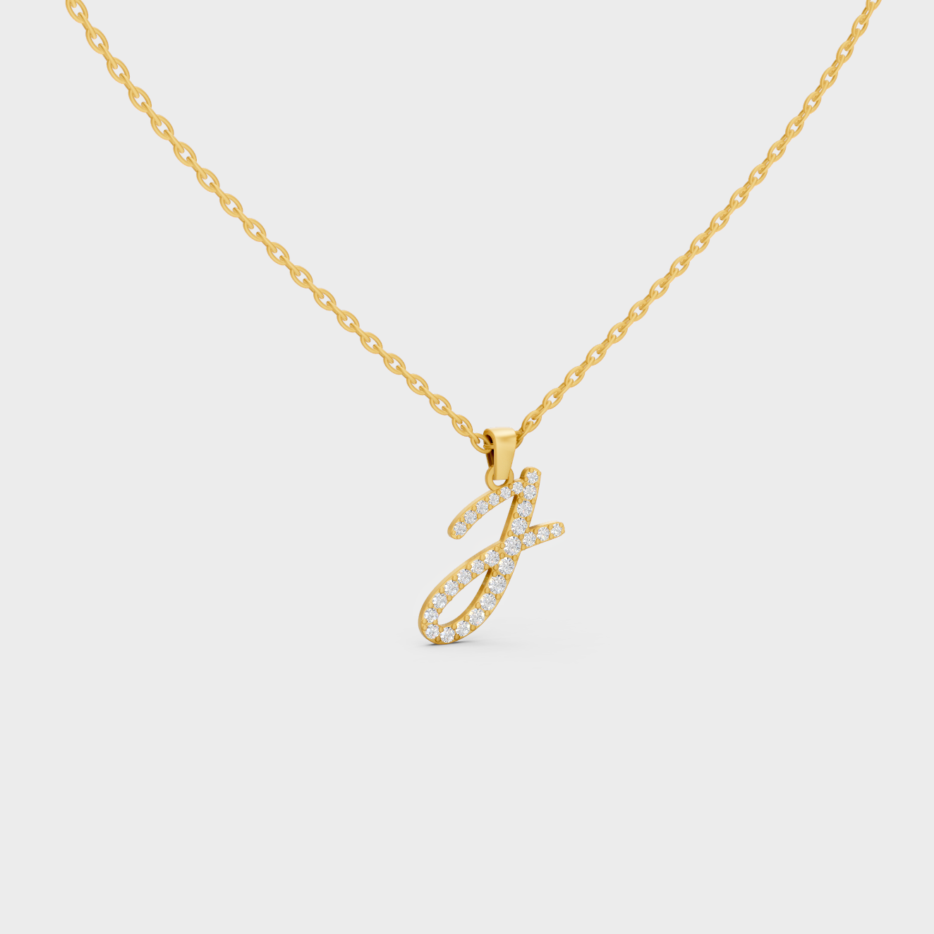 Close Up of Initial Letter J Sustainable Diamond Pendant and 18K Yellow Gold Chain
