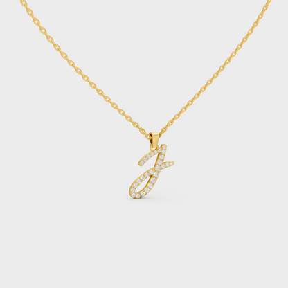 Close Up of Initial Letter J Sustainable Diamond Pendant and 18K Yellow Gold Chain