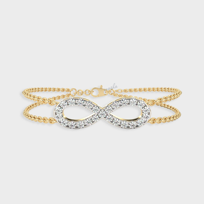 Certified GLI round cut lab grown diamond infinity double chain bracelet in yellow gold 9K 14K 18K