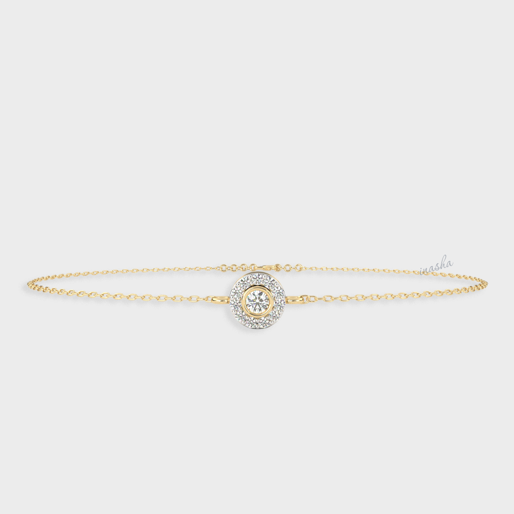 Certified GLI round cut lab grown diamond halo chain bracelet in yellow gold 9K 14K 18K