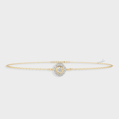 Certified GLI round cut lab grown diamond halo chain bracelet in yellow gold 9K 14K 18K
