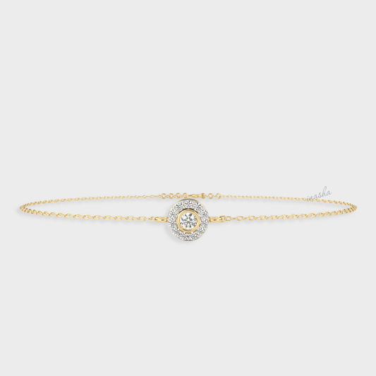Certified GLI round cut lab grown diamond halo chain bracelet in yellow gold 9K 14K 18K
