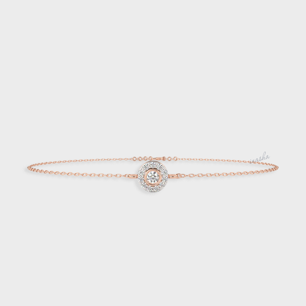 Certified GLI round cut lab grown diamond halo chain bracelet in rose gold 9K 14K 18K