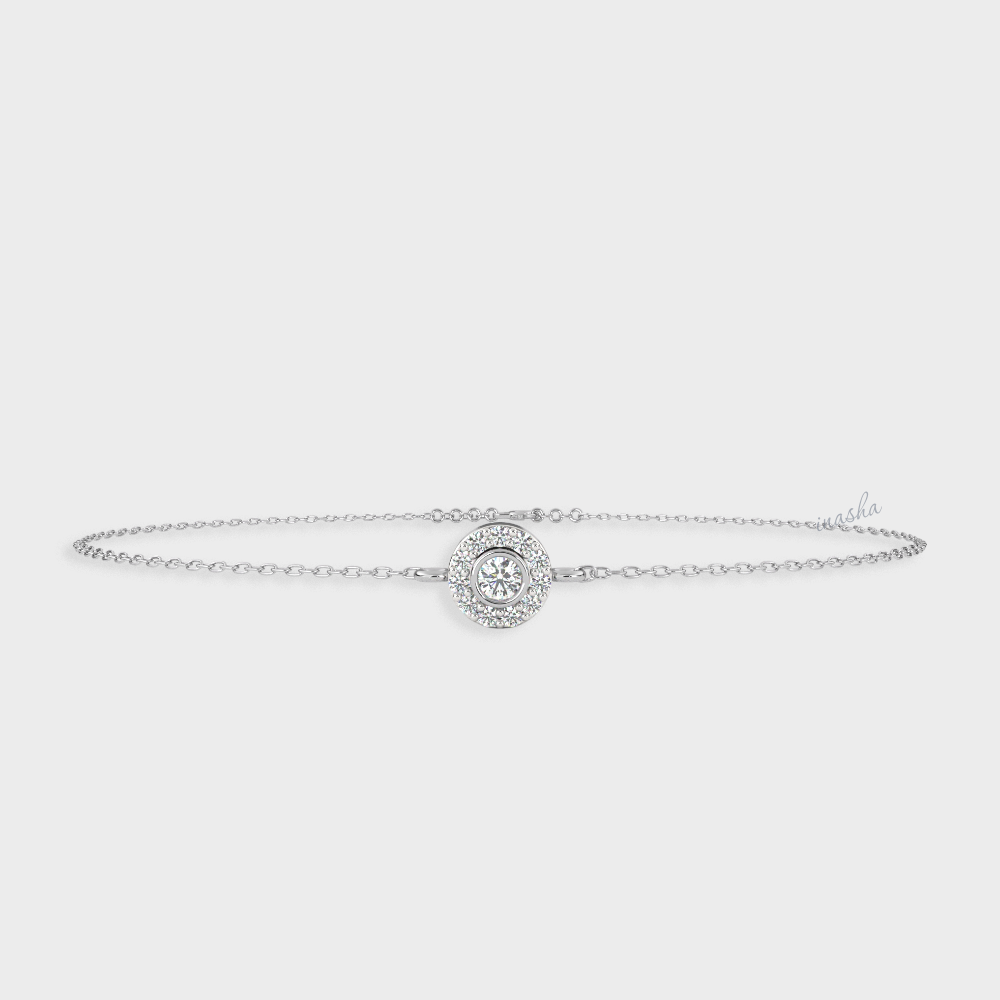 Certified GLI round cut lab grown diamond halo chain bracelet in white gold and platinum