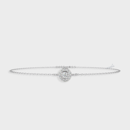 Certified GLI round cut lab grown diamond halo chain bracelet in white gold and platinum