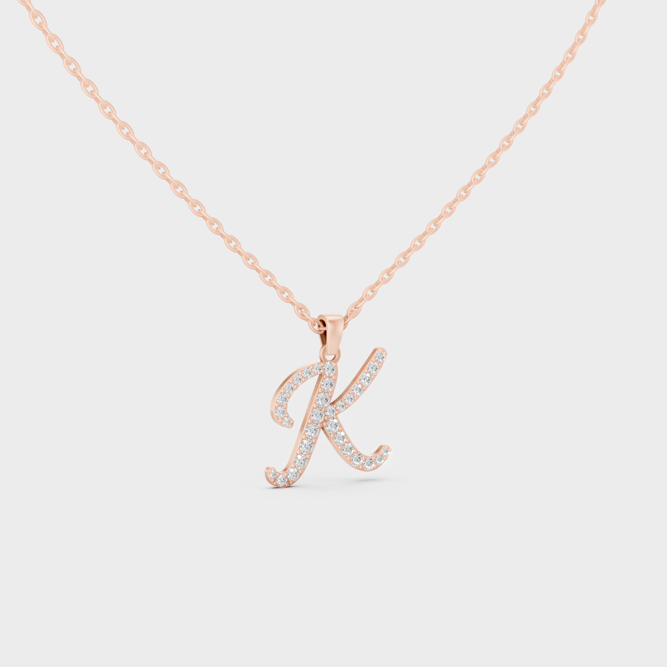 Blush Pink 14K Rose Gold Letter K Initial Necklace Set with Brilliant Round Lab Diamonds
