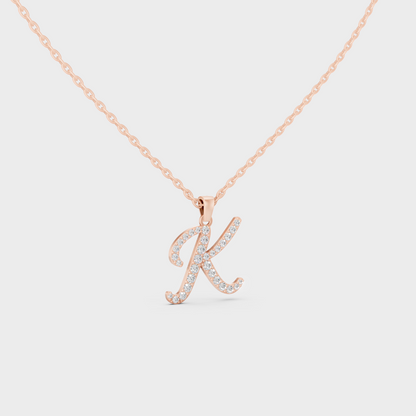 Blush Pink 14K Rose Gold Letter K Initial Necklace Set with Brilliant Round Lab Diamonds