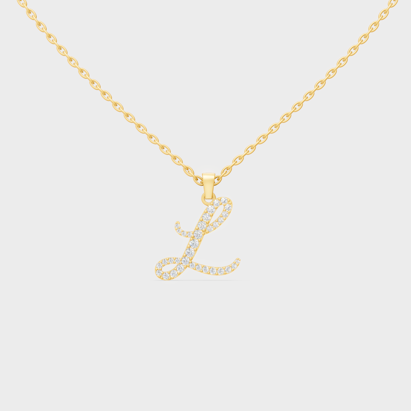 Front View of "L" Alphabet Lab Grown Diamond Pendant with Matching Yellow Gold Chain
