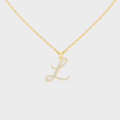 Front View of "L" Alphabet Lab Grown Diamond Pendant with Matching Yellow Gold Chain