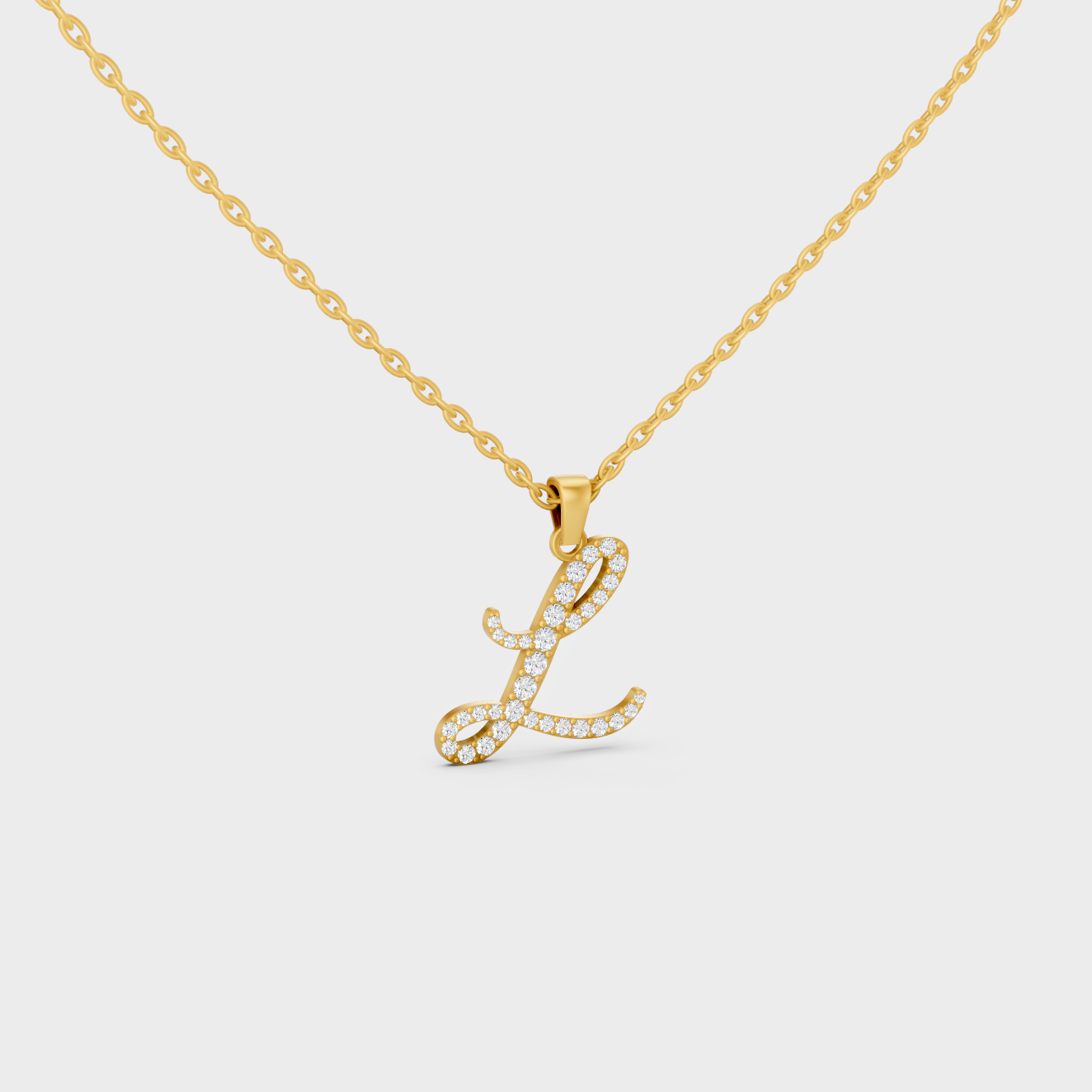 Close Up of Initial Letter L Sustainable Diamond Pendant and 18K Yellow Gold Chain